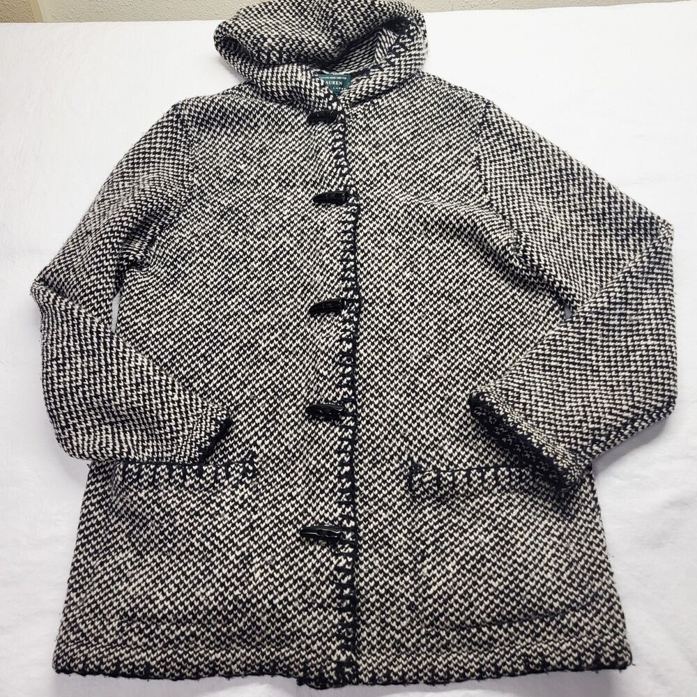 Lauren Ralph Lauren Hand Knit Lambswool Toggle Hooded Coat Size L Black White